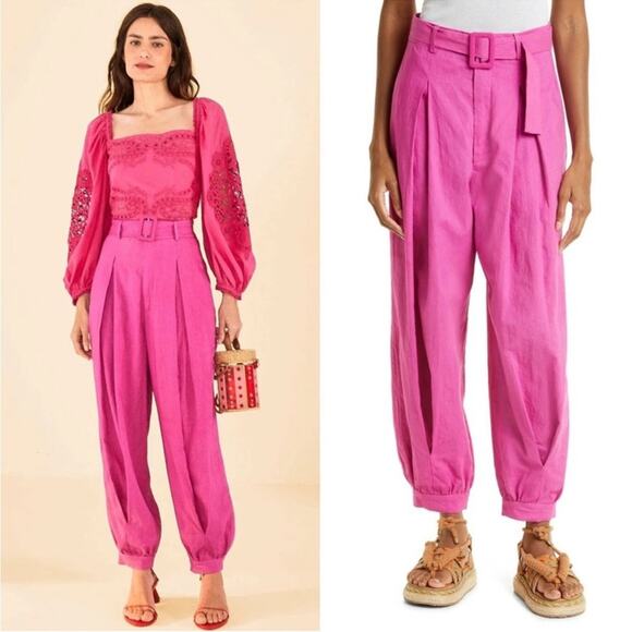FARM Rio Pants - Farm Rio Pink High Waist Linen Pleated Cuffed Hem Waist Belt Taper Pants S
